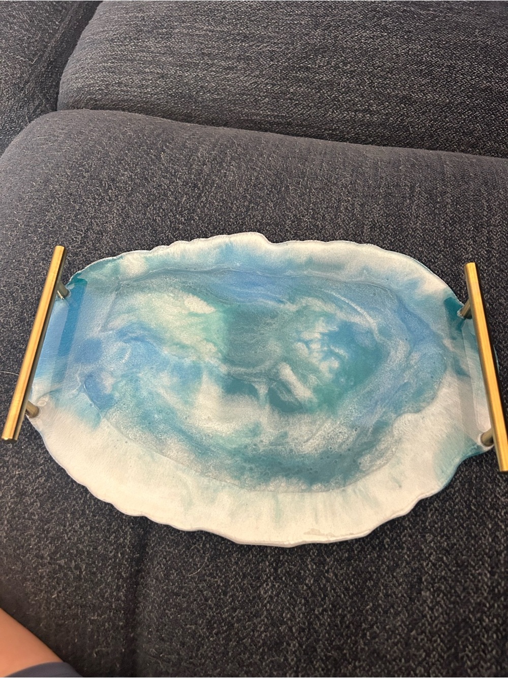 Blue & White Resin Vanity Tray with Gold Handles